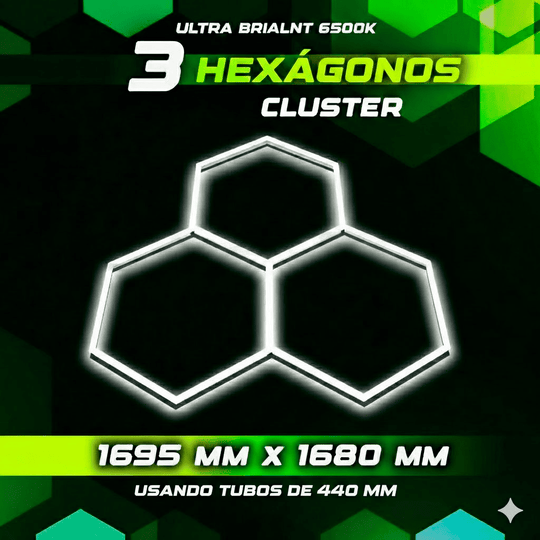 Kit de 3 Hexagonos en tubos led de 44cm forma apilado, tamaño armado (1.69 Metros de ancho x 1.68 Metros de largo)